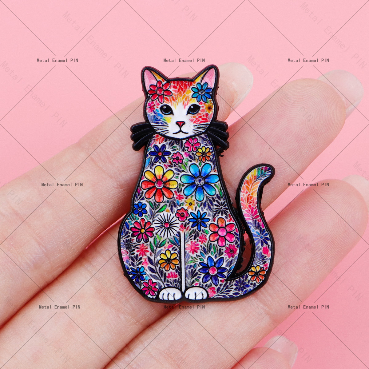 Colorful Floral Cat Enamel Pin, Artistic Cat Brooch